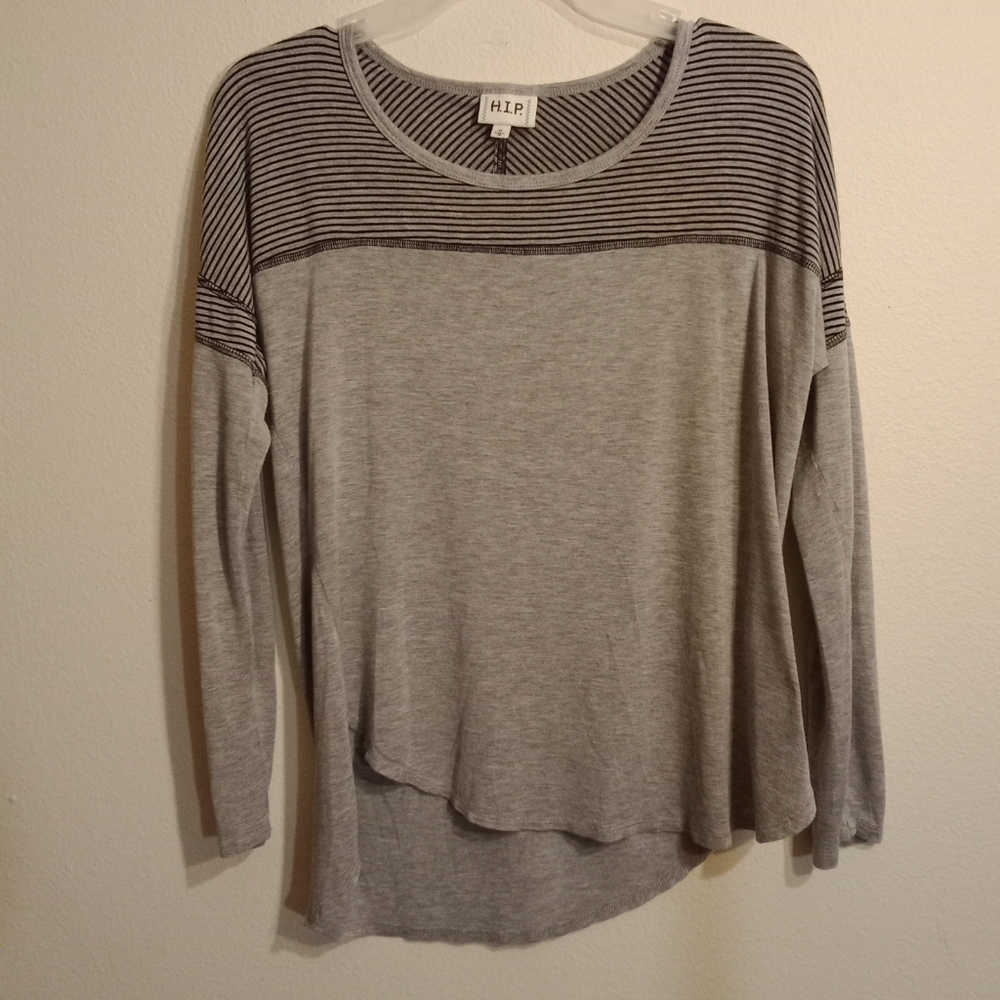 H.I.P. gray and black striped long sleeve shirt with uneven hem size medium
